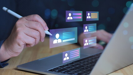 personal data security and person working on a laptop with digital profile icons, focusing on online communication and cybersecurity. virtual networking, digital identity