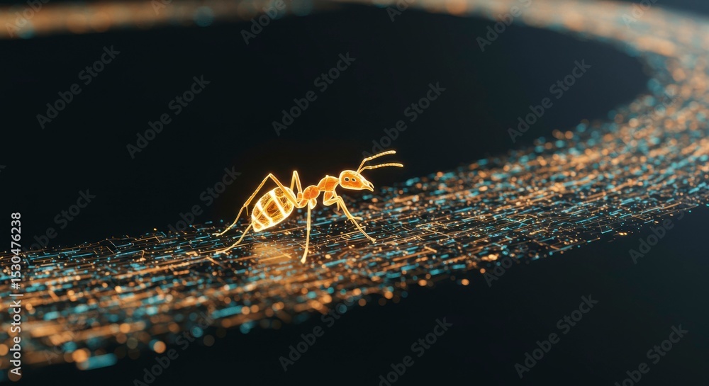 Poster a detailed digital rendering of an ant traversing a glowing, textured path