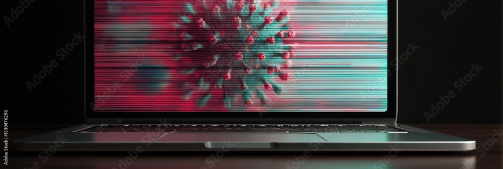 Poster Virus Alert Displayed on Laptop Screen With Glitch Effect on Background Emphasizing the Importance of Cybersecurity and Digital Safety Measures