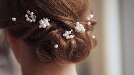 Close up of a brunette woman's updo hairstyle decorated with pearl hairpins for a special occasion