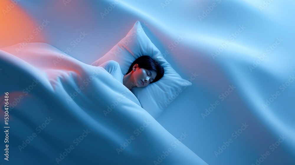 Poster a cozy sleeping individual in soft bedding with subtle light from a contactfree monitor illuminating