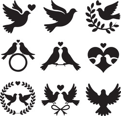 Romantic Bird Silhouette Vector Bundle – 10 Black Icons – Lovebirds, Doves, Hearts, Wedding Birds, Kissing Pose & More
