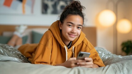 A teenager lies on a bed, smiling while engaging with a therapy chatbot app on her smartphone in a cozy bedroom filled with soft lighting and home decor
