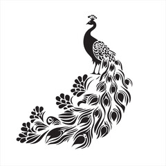 Vector floral design featuring an ornate peacock with a decorative feather pattern, ideal for vintage-inspired art and tattoo illustrations