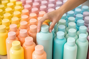 Pastel Bottles Hand Arrangement, Colorful Product Display