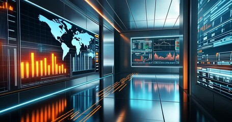 Futuristic corridor with interactive displays showing data visualizations. - Powered by Adobe