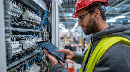 Fototapeta premium Telecommunications professional using a tablet with a digital interface overlay showing network data, signal strength, technology graphs showing bandwidth usage, connection quality, analysis.