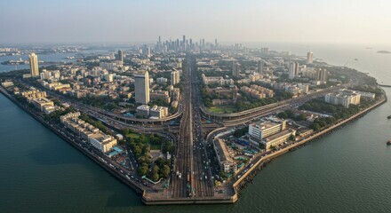 Obraz premium Aerial view of a city island with highways and buildings