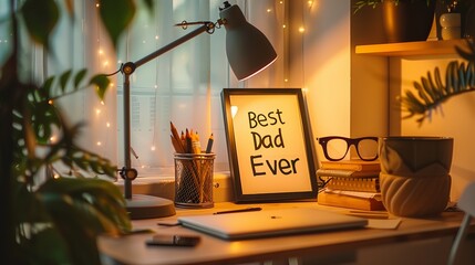 a neat home office desk from children for their father photo framed the word " Best Dad Ever" for father's day gift