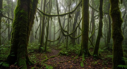 Lush Green Jungle Forest Landscape: Trees, Moss, Vines, and Pathway in Deep Woods