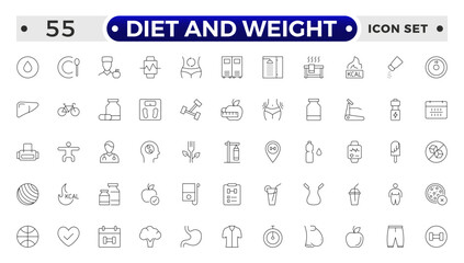 Diet and weight loss outline icon set. Gym and fitness web icon set. Containing healthy lifestyle, weight training, body care and workout or exercise equipment icons.