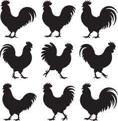 Rooster Silhouette Vector Bundle – 10 Black Icons – Crowing, Standing, Walking, Flapping, Perched, Running, Head Close-Up & More