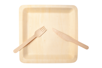 Wooden Cutlery Plate, Knife and Fork Isolated Background