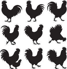 Rooster Silhouette Vector Bundle – 10 Black Icons – Crowing, Standing, Walking, Flapping, Perched, Running, Head Close-Up & More