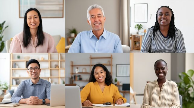 Group of diverse corporate employees participating in a virtual meeting from their home offices, promoting teamwork and communication during work hours