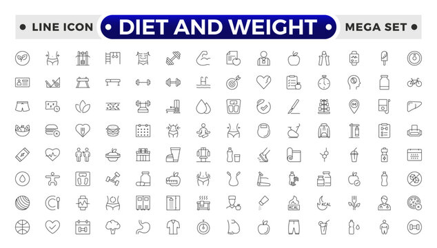 Diet and weight loss outline icon set. Gym and fitness web icon set. Containing healthy lifestyle, weight training, body care and workout or exercise equipment icons.