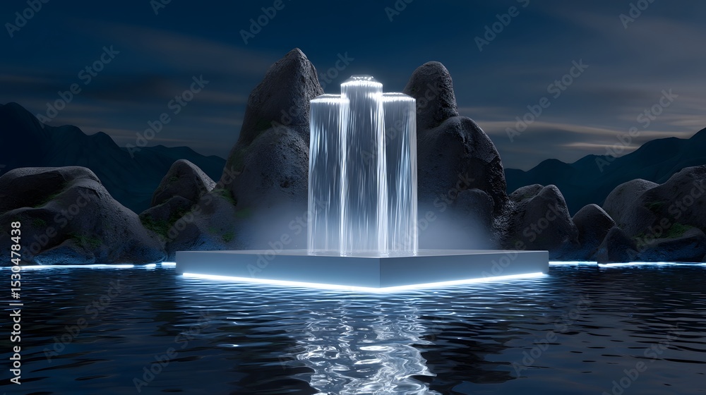 Poster a glowing, ethereal waterfall cascades from a floating, crystal-like structure, creating a mesmerizi