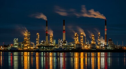 Fototapeta premium Night view of illuminated industrial complex reflected in calm water, emitting smoke from tall chimneys