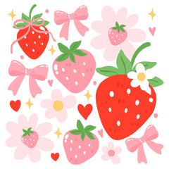 Cute strawberry illustration set with pink bows, flowers, hearts, and sparkles in kawaii hand-drawn style
