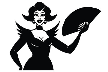 Hand drawn smiling drag queen with fan and necklace