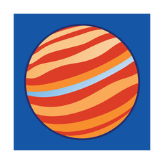 Colorful cartoon illustration of planet with striped design on a vibrant blue background