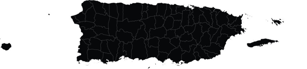 Black silhouette map of Puerto Rico with regional boundaries on white background