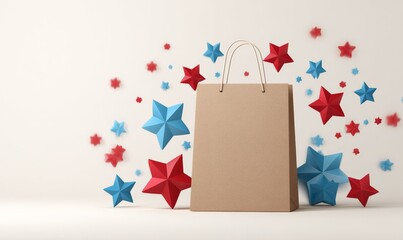 Paper shopping bag surrounded by red and blue 3D stars on a light background. Template for 4th of July sale
