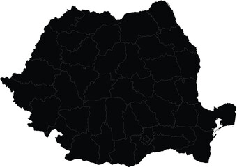 Black silhouette map of Romania with regional boundaries on white background