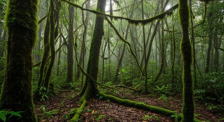 Lush Green Jungle Forest Landscape: Tropical Rainforest Trees and Mossy Vegetation Scenery