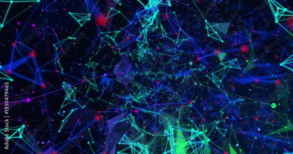 Poster 3d cyan nodes materializing, connecting lines forming mesh, swirling, dissolving visualizing data