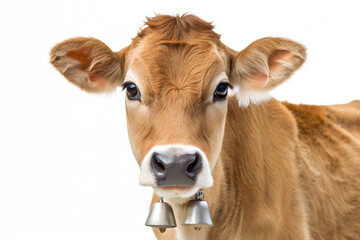 Adorable Brown Calf Portrait Close-up of a Young Jersey Cow with Bells