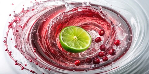 Refreshing Red Liquid Swirling with Lime and Berries in a Crystal Glass Bowl