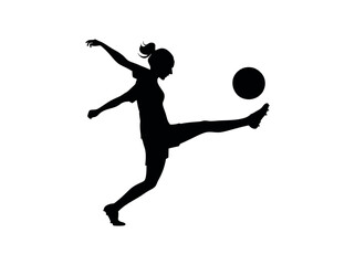Female Soccer Player in Dynamic Action Silhouette, silhouette of a female soccer player executing a powerful kick, women's football, soccer action, athletic, sports design, soccer illustration, sports
