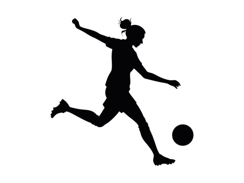 Female Soccer Player in Dynamic Action Silhouette, silhouette of a female soccer player executing a powerful kick, women's football, soccer action, athletic, sports design, soccer illustration, sports