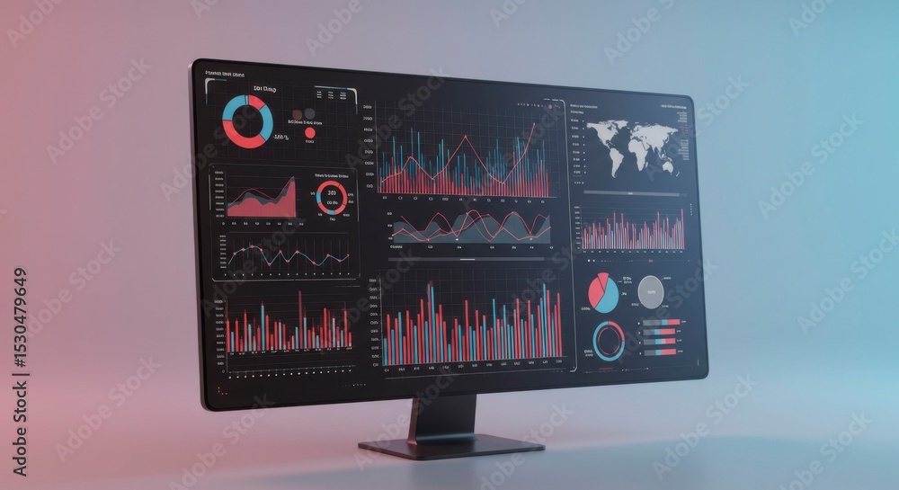 Poster sleek monitor displaying various graphs, charts, and diagrams with data analytics, colored red & blu