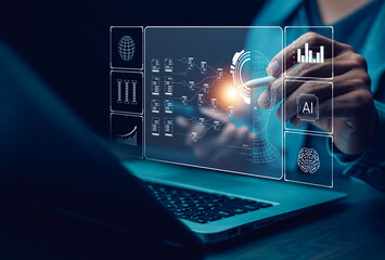 Programmer people working laptops or smartphones with AI, artificial intelligence software engineer coding on laptop computers with technology icons and binary code, big data, Ai bot digital machine
