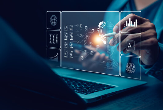 Programmer people working laptops or smartphones with AI, artificial intelligence software engineer coding on laptop computers with technology icons and binary code, big data, Ai bot digital machine - Powered by Adobe