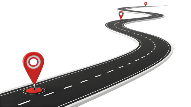 3d road with map pin isolated on white background