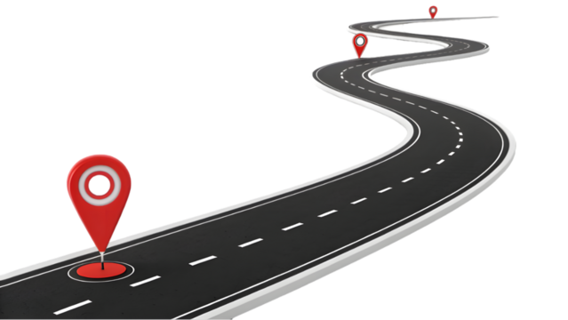 3d road with map pin isolated on white background