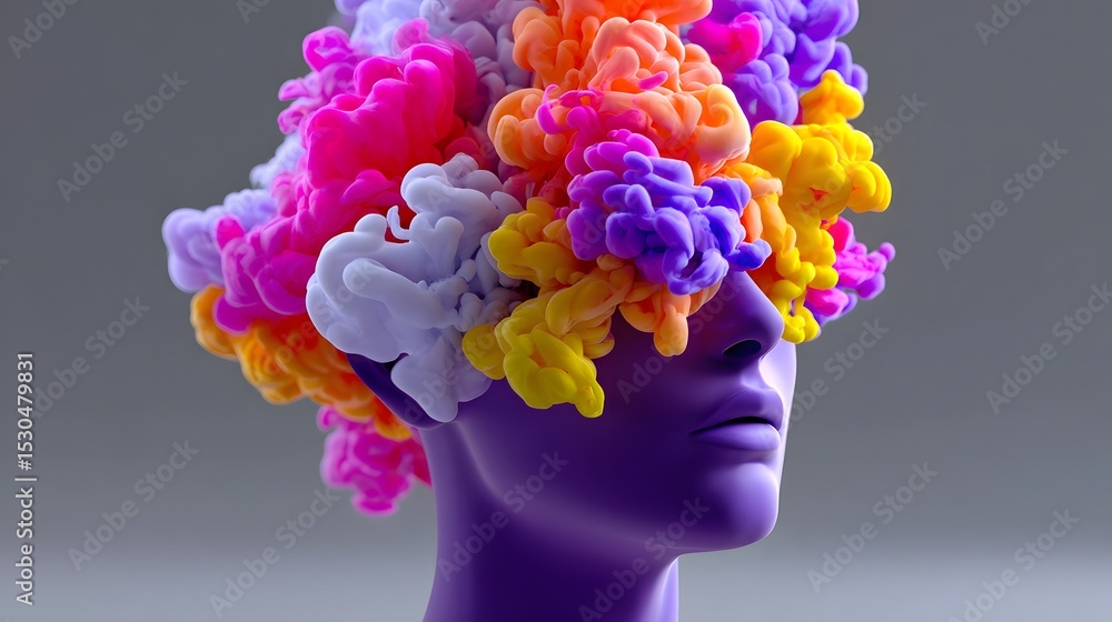 Poster an abstract 3d rendering of a human head exploding with vivid, multicolored ink clouds, representing