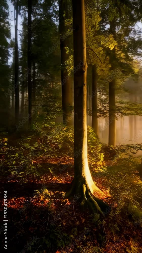 Poster sunlight streams through tall trees illuminating a hazy forest path with autumn leaves, creating a s