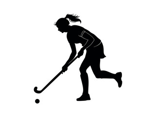 Female field hockey player in action, silhouette, silhouette of a female field hockey player in action, striking a powerful pose while in mid-movement with the hockey stick and ball, female athlete, f
