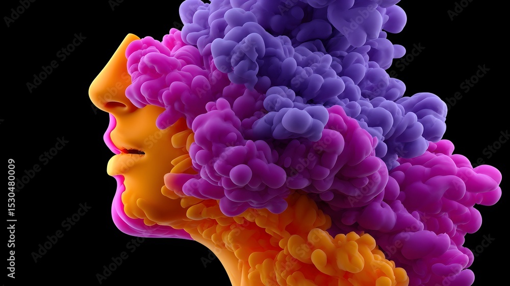 Poster surreal digital artwork depicting an abstract human head exploding with vibrant, flowing clouds of c