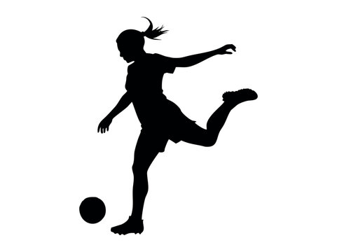 Female Soccer Player in Dynamic Action Silhouette, silhouette of a female soccer player executing a powerful kick, women's football, soccer action, athletic, sports design, soccer illustration, sports