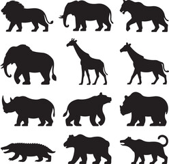 Wild Animal Silhouette Vector Bundle – 10 Black Icons – Lion, Elephant, Tiger, Giraffe, Cheetah, Rhino, Gorilla, Bear, Crocodile, and Wolf