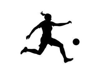 Female Soccer Player in Dynamic Action Silhouette, silhouette of a female soccer player executing a powerful kick, women's football, soccer action, athletic, sports design, soccer illustration, sports