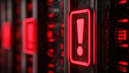 Red exclamation mark alert on server rack