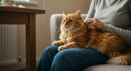 Woman holding a ginger cat on her lap.  The cat is looking attentively