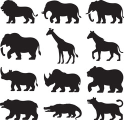 Wild Animal Silhouette Vector Bundle – 10 Black Icons – Lion, Elephant, Tiger, Giraffe, Cheetah, Rhino, Gorilla, Bear, Crocodile, and Wolf