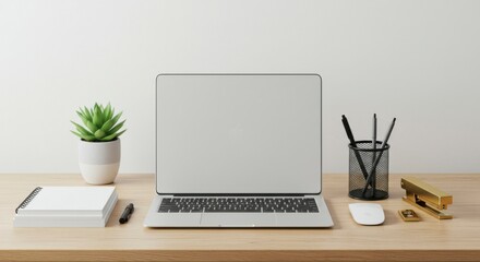 Minimalist workspace featuring laptop, stationery, and succulent.  Clean, organized desk